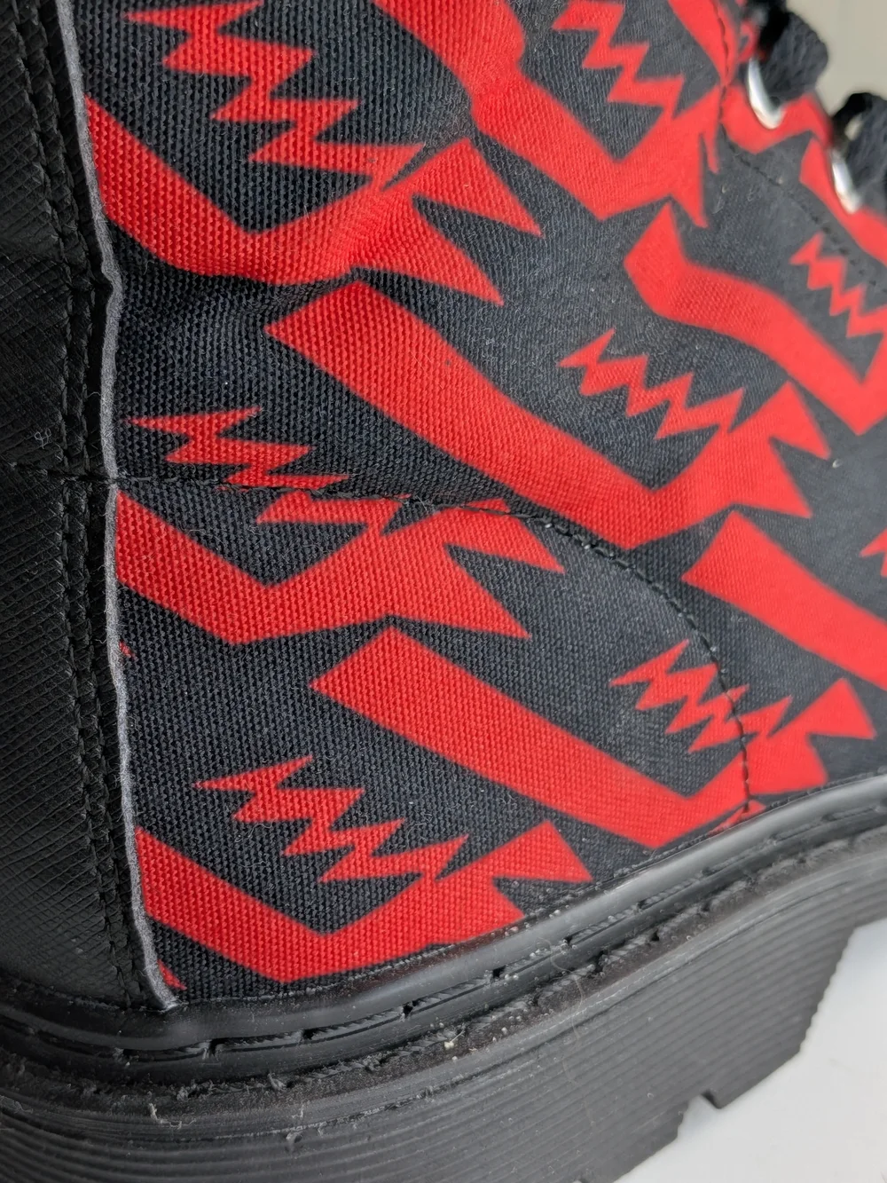 Black Canvas Combat Boots with Red Aztec Pattern, Mens 10